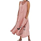 Summer Dresses for Women Plus Size Loose Sleeveless Maxi Dress Crew Neck Flowy Printed Long Sundress with Pockets