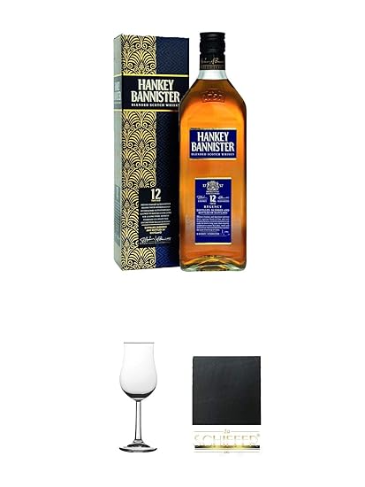 Hankey Bannister 12 Jahre 0,7 Liter + Nosing Gläser Kelchglas Bugatti mit Eichstrich 2cl und 4cl 1 Stück + Schiefer Glasunter