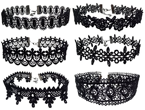 6pcs Black Lace Floral Choker Punk Gothic Tattoo Necklace for 80s 90s Women Girls