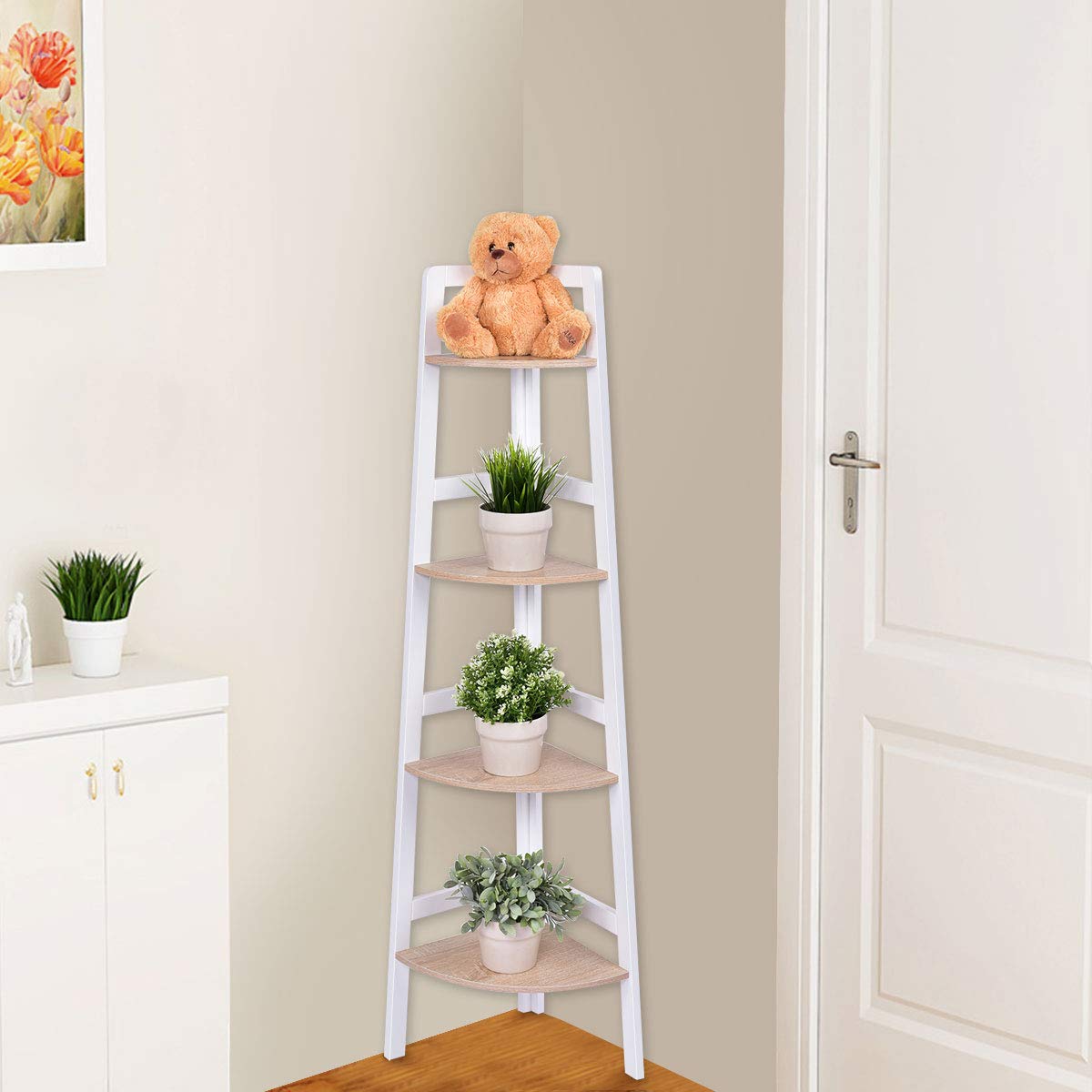 COSTWAY 4tier Corner Rack Free Standing Wooden Display Ladder, Shelf