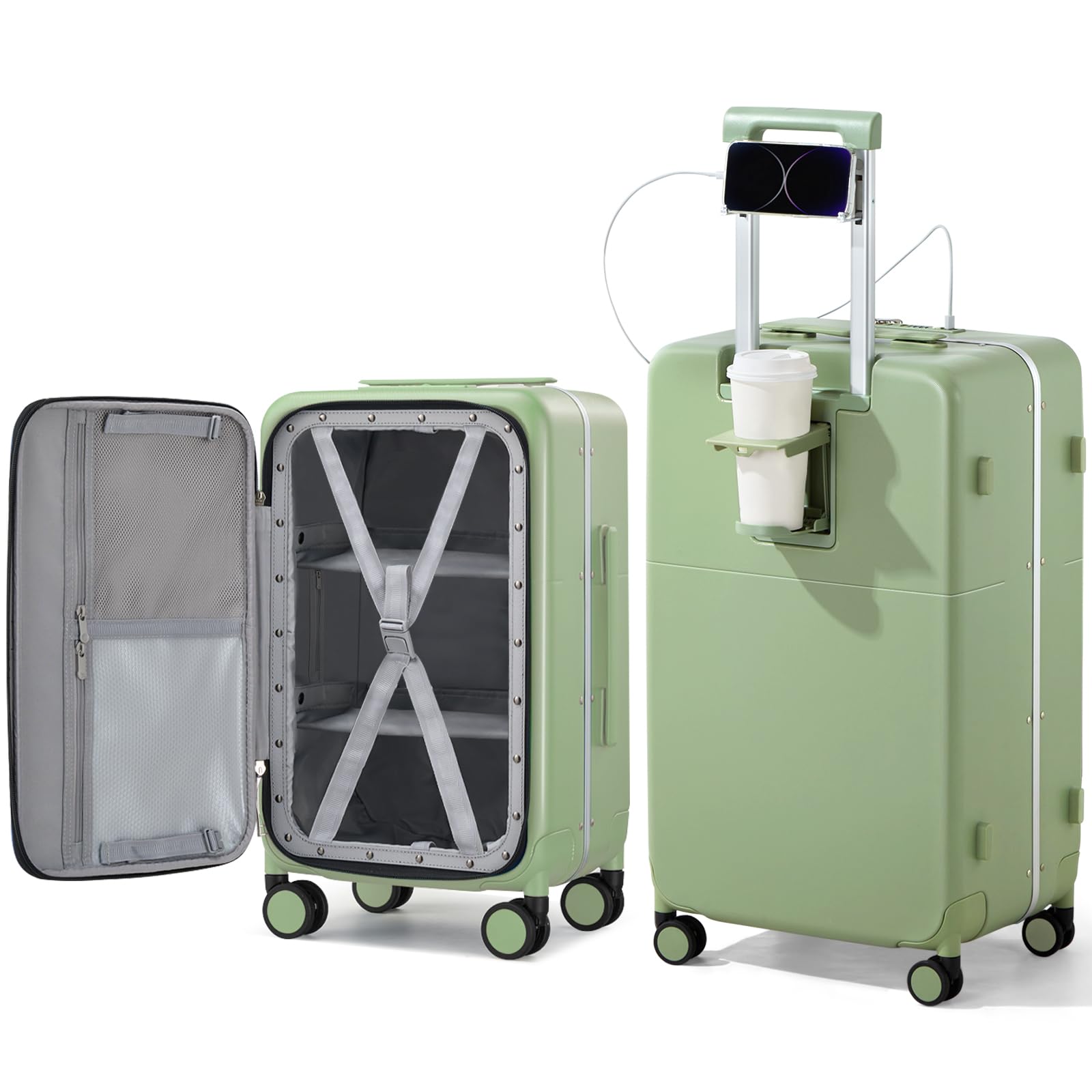 Photo 1 of (USED/FAIR) Hanke 28 Inch Luggage with Cup Holder and Charge,Top Opening Hard Shell Suitcases with Wheels and Dividers,Aluminum Frame Trunk Luggage Extra Large Suitcase with Lock for Travel?Bamboo Green