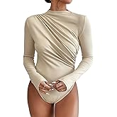 SweatyRocks Women's Bodysuit Mock Neck Casual Ruched Long Sleeve Jumpsuit