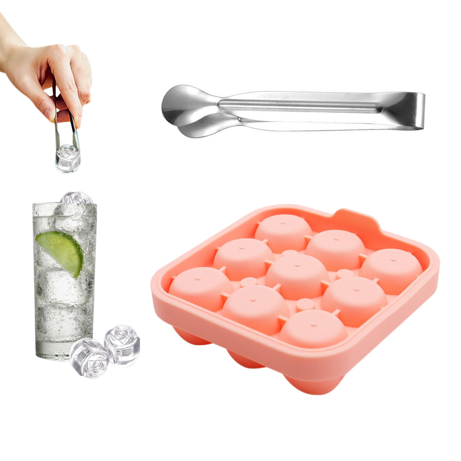 1 Piece Rose Ice Tray with 1 Piece Stainless Steel Ice Tongs, Ice Cube Tray, Ice Ball Mold, Suitable for The Production of Wine Ice Cubes