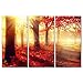 Forest Nature Wall Art Red Tree Wall Decor the Sun Shines Into the Forest and Maple Leaves Canvas Pictures Artwork Autumn Fall Landscape 3 Panel Painting Prints for Home Living Dining Room
