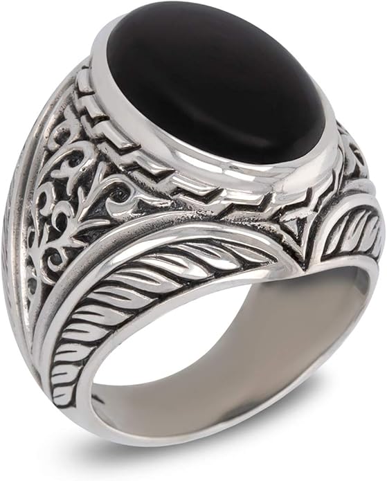 Men's Biker Ring Genuine Onyx on 925 Sterling Silver Aged Effect Black