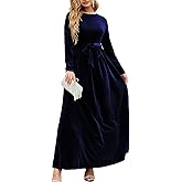 Sunidol Women's Elegant Velvet Belted Pleated Long Sleeve Cocktail Party Formal Wedding Guest A-Line Maxi Long Dress