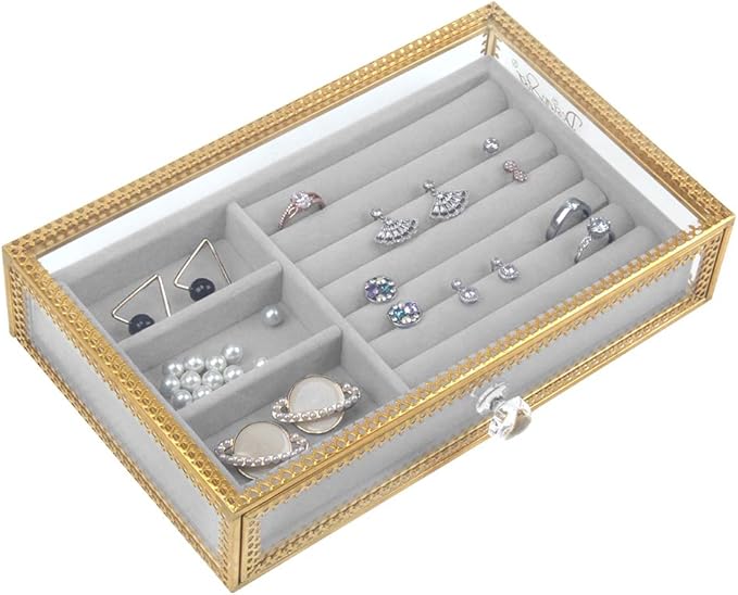 Jolicobo Dore Boite A Bijoux En Verre Box Plateaux De Bijou En Velours Exquis Cadeau Boite Presentoir Grande Capacite Boite A Bijoux Organisateur Amazon Fr Bricolage