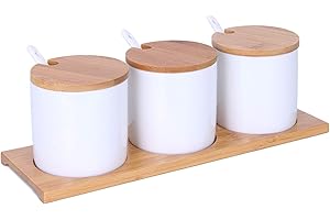 VanEnjoy Ceramic Sugar Spice Containers Porcelain Jar with Bamboo Lids, Tray and Spoons Round Condiment Jar for Home Set of 3 (Small white cylindrical)