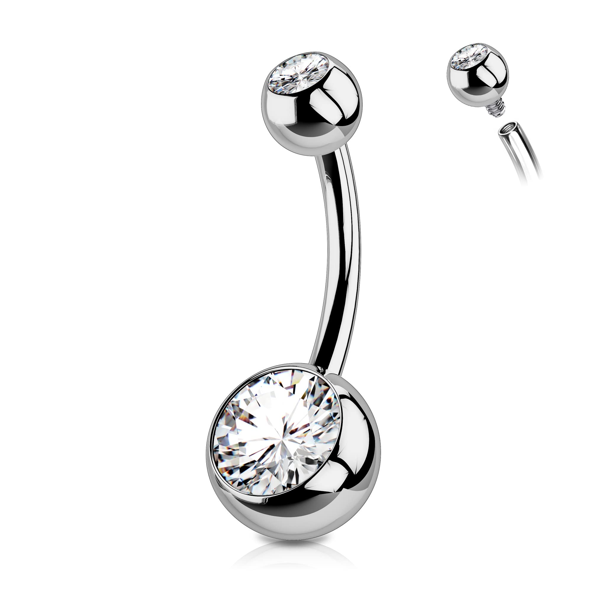 OUFER G23 Solid Titanium Belly Bars Balls 14G Internally Threaded 10 mm Navel Piercings Barbell Rings Double Clear CZ Gem 1.6mm No Dangle Belly Button Jewellery