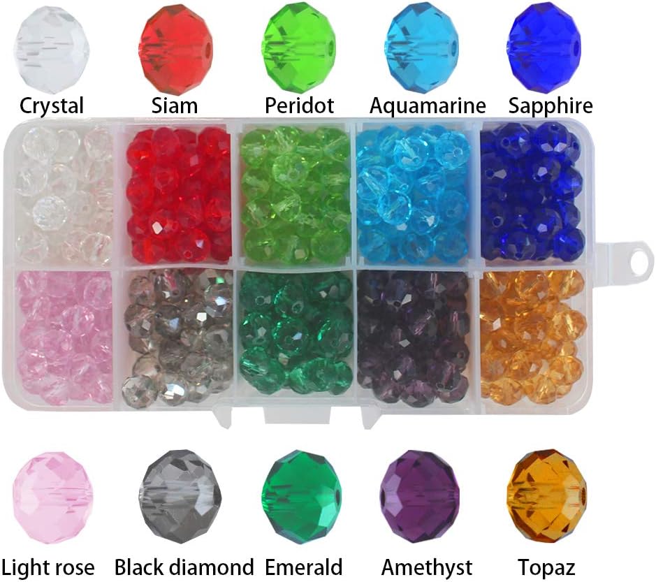 Briolette Crystal Glass Beads 10 Assorted Colors, Faceted Rondelle Shape Finding Spacer Beading Supplies for Jewelry Making Bracelet Necklace with Elastic Cord Storage Box (8mm, 300pcs)