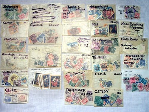 500+ International Worldwide Postage Stamps Grouped in 27 Country-Labeled Envelopes LOT