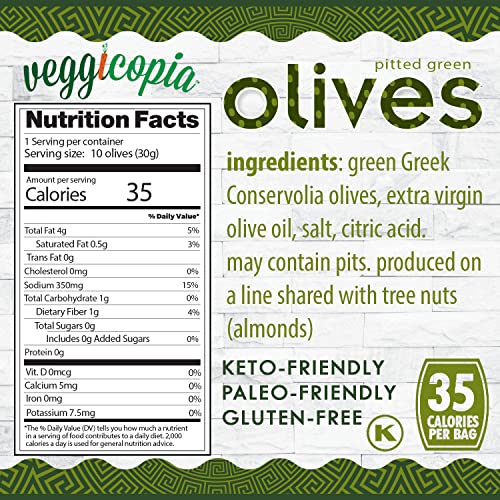 Veggicopia Olives, Keto Tasty Green Pitted Snack Olives from Greece