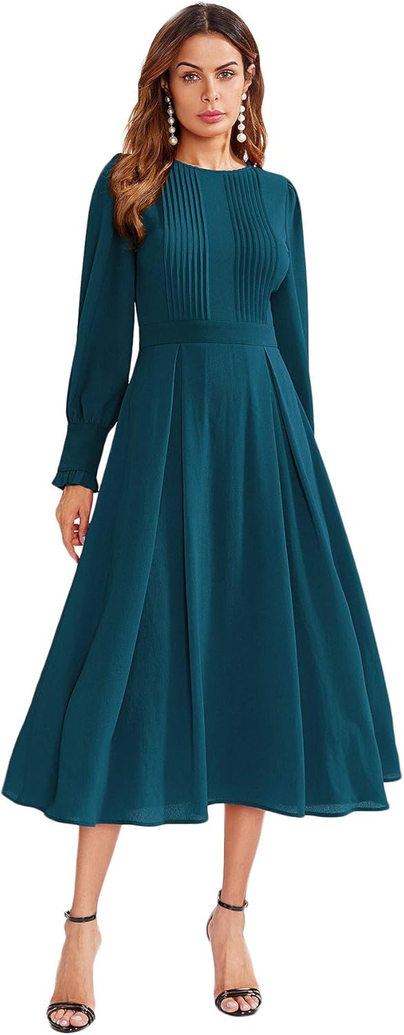 Milumia Women's Elegant Frilled Long Sleeve Pleated Fit and Flare Dress