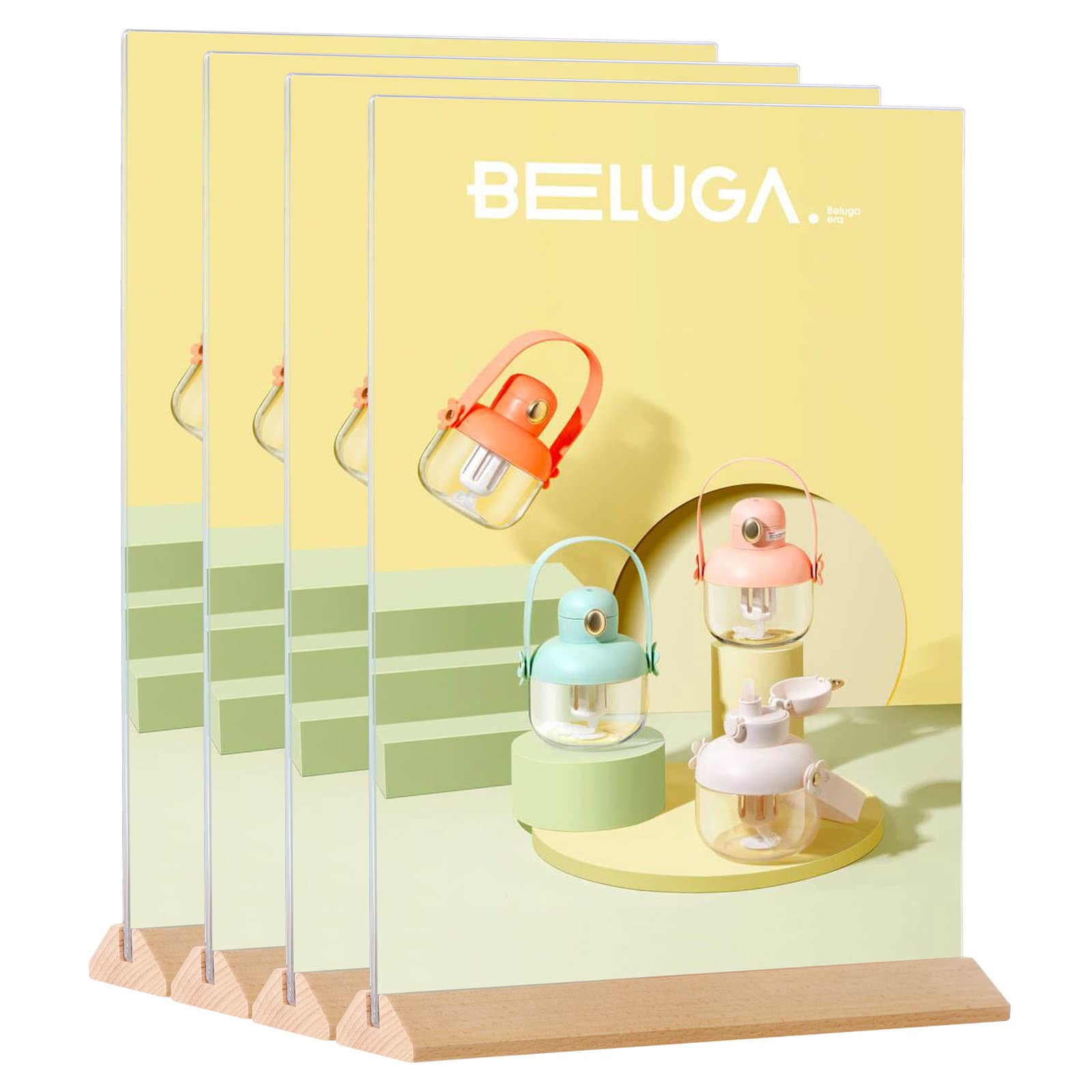 POERMA Acrylic Sign Holder A4, 4 Pack Plastic Display Stands, Wooden Base Poster Menu Holder for Restaurant, Office, Store, T-shape Table Stand for Double Sided Display