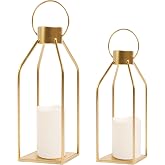 HPC Decor Modern Farmhouse Lantern Decor- Gold Metal Candle Lanterns for Christmas- Lanterns Decorative w/Timer Flickering Candles for Living Room, Home, Indoor, Outdoor, Table,Fireplace Mantle Decor