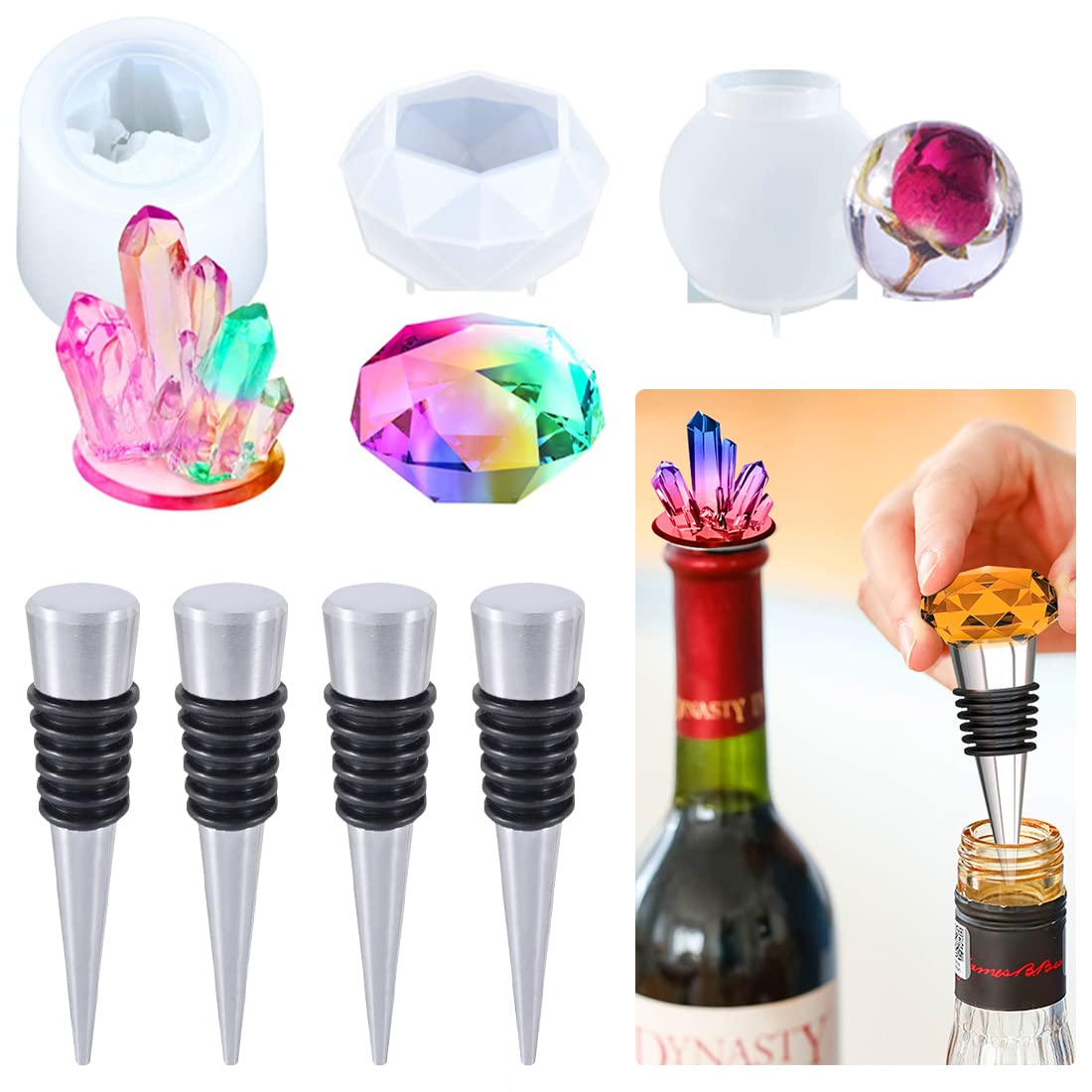 Voyyphixa 7 pcs Resin Mold Kit Bottle Stopper Silicone Molds with 4 Metal Wine Corks, Stoppers Moulds for Epoxy Resin DIY Crystal Cluster Gem Ball Diamond Jewelry Crafts Decoration