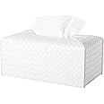 Tissue Box Cover PU Leather Tissue Holder Square Facial Tissue Case Facial Paper Organizer Dispenser for Bathroom, Vanity Countertop, Tabletop, Car, Rectangle, White