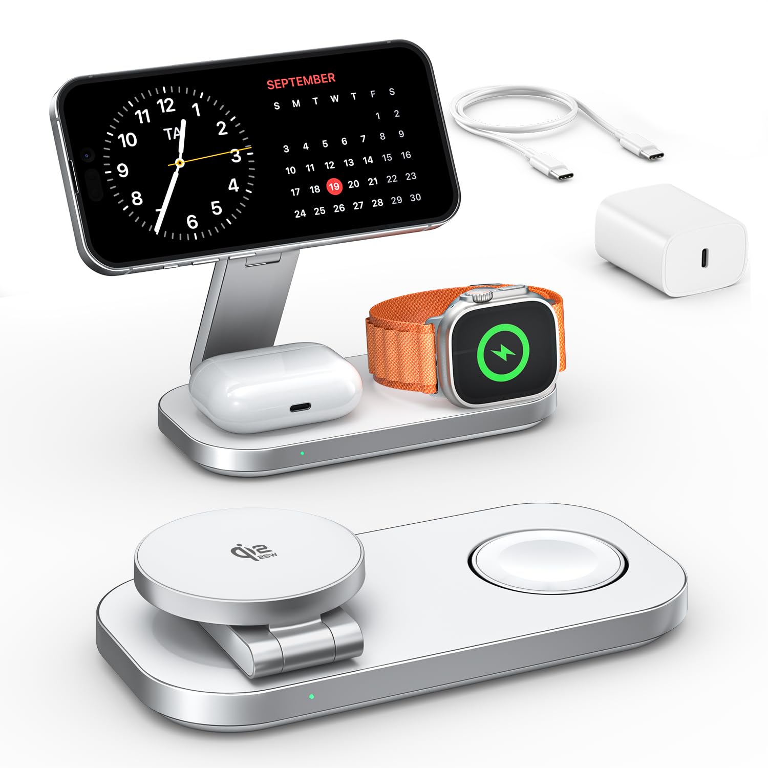 Photo 1 of 3-in-1 Charging Station for Apple Device, Qi2 25W Certified Magnetic Wireless Foldable Fast Charger Stand Compatible with MagSafe for iPhone 17e/17/16/15/14/13/12/Air Series, Apple Watch & AirPods