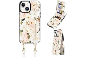 uCOLOR for iPhone 13/14/15 Wallet Case with Card Holders for Women, Crossbody Zipper Protective Leather Case with Strap Wrist Ring RFID Protective 6.1" (Pink Rose,iPhone 13/14/15 6.1")