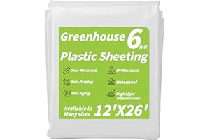 UZLU Greenhouse Plastic Sheeting 6 Mil,12 x 26 FT Transparent UV Resistant Polyethylene Film, Tear-Resistant Green House Hoop Cover for Gardening, Farming, Nursery, Henhouse, Anti-Drip & Weatherproof