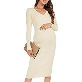 WANTROY Maternity Dress Long Sleeve V Neck Knit Stretchable Sweater Dresses Pregnancy Clothes for Photoshoot Baby Shower