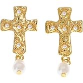 Gold Pearl Cross Earring for Women Pearls Statement Dangle Earrings Trendy Jewelry Gifts