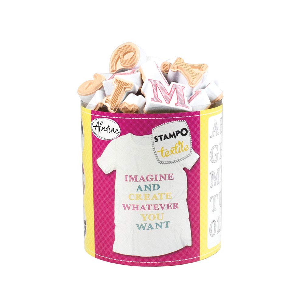 Aladine - Stampo Textile Alphabet Sketch - Kit of 38 Fabric Stamps - Included Included Inker - Iron Attachment - Machine Washable - Letters and Numbers Patterns