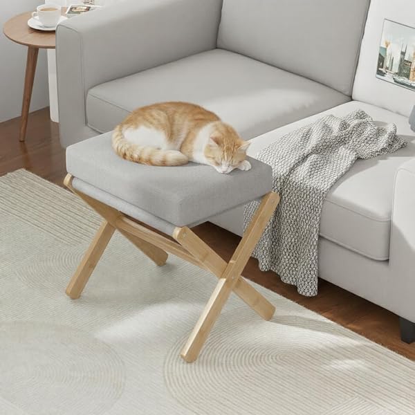 BAMBOOHOMIE FOLDABLE FOOT STOOL OTTOMAN, MODERN FOOT REST WITH BAMBOO X LEGS & THICK FOAM CUSHION, FOLDING FOOT STOOLS SMALL PADDED FOR BEDROOM LIVING ROOM, FOOTSTOOL FOR CHAIR COUCH (NATURAL – GREY)