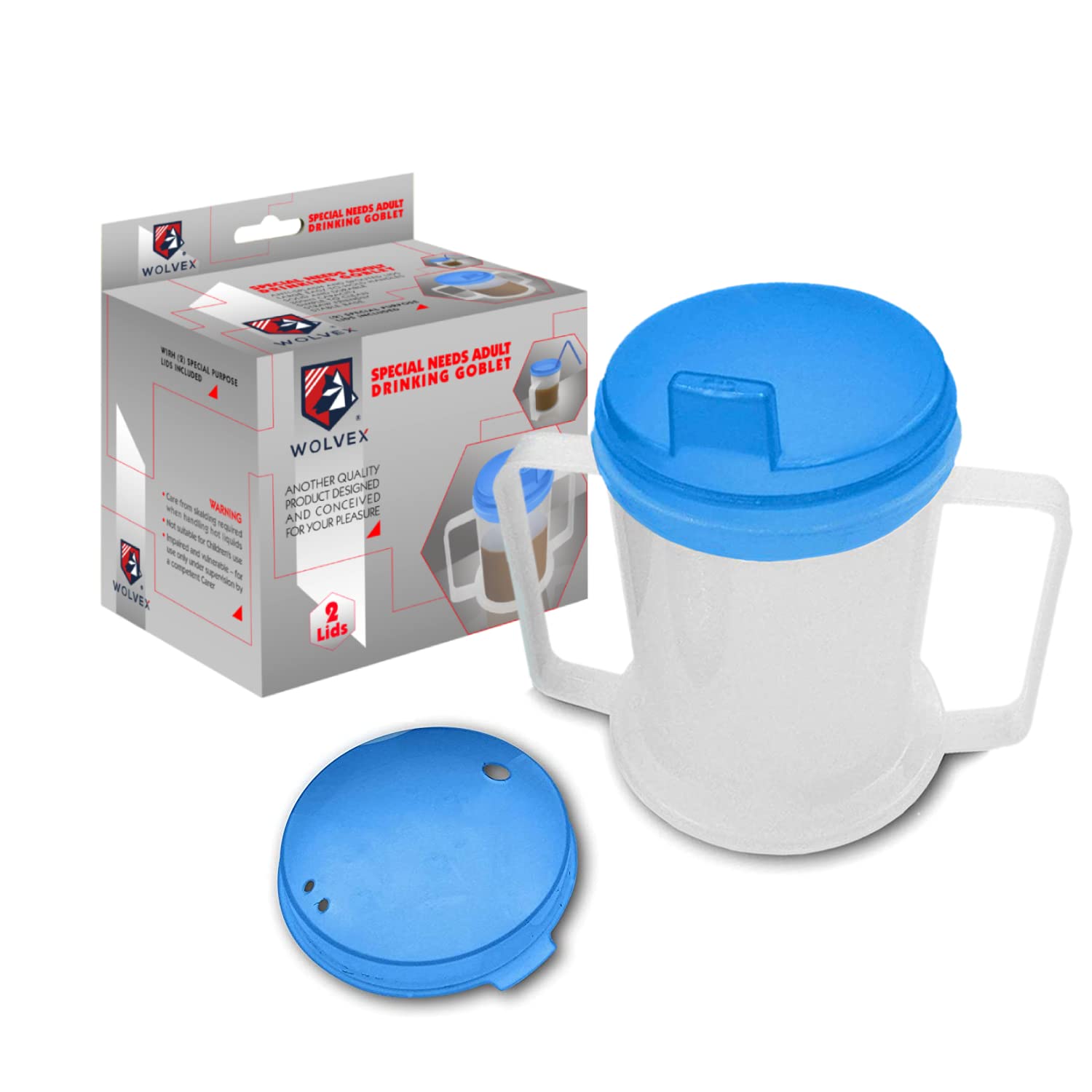 Wolvex 350ML Adult Drinking Cup Beaker with Handles & Anti Spill lids for Disabled Adults Dishwasher and Microwave Safe BPA, PVC and Latex Free