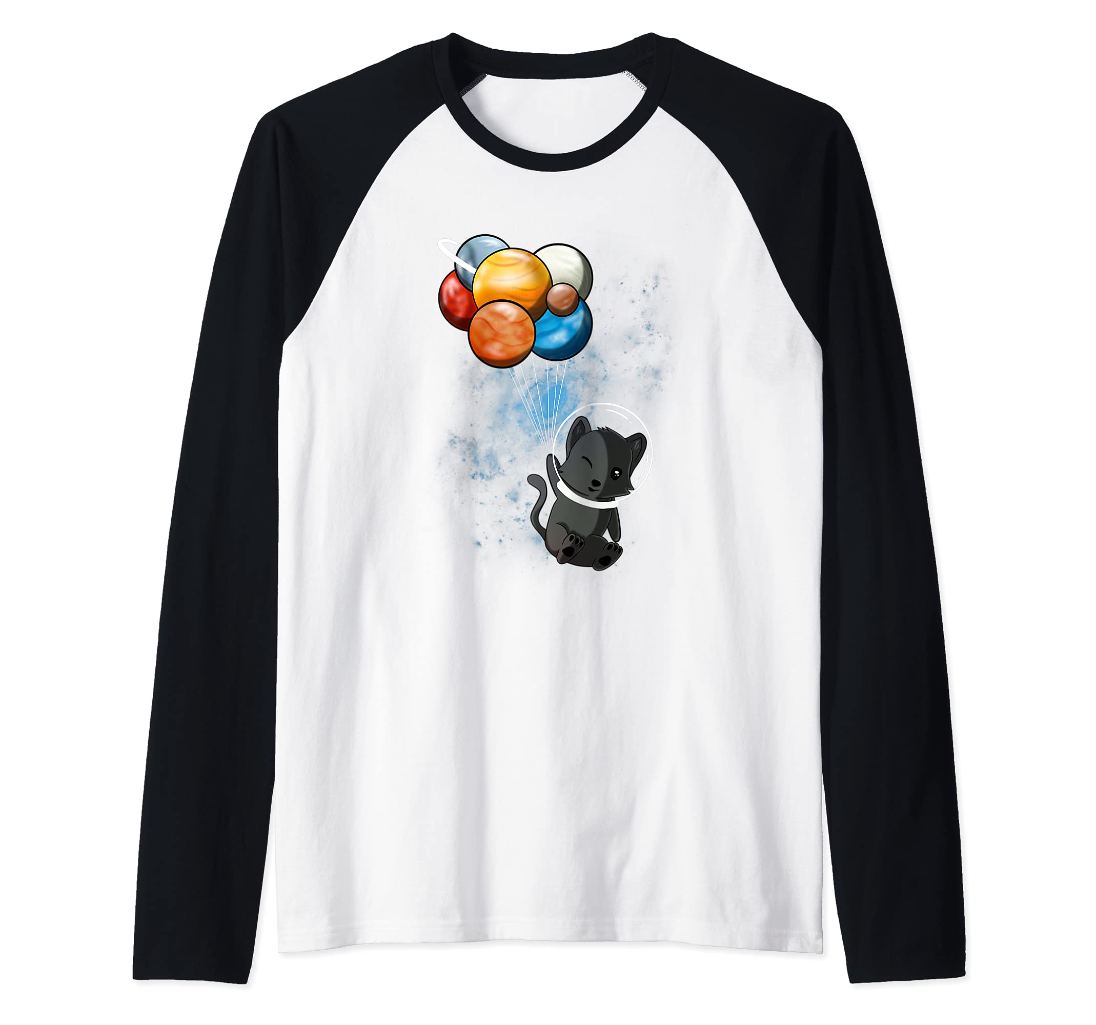 Funny Outer Space Cat Balloon Planets Space Travel Universe Raglan Baseball Tee