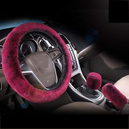 Amazon Lt ユニバーサルぬいぐるみ車のステアリングホイールカバー冬の人工毛皮のハンドブレーキギアカバー車のインテリアアクセサリー Color Red ハンドルカバー 車 バイク