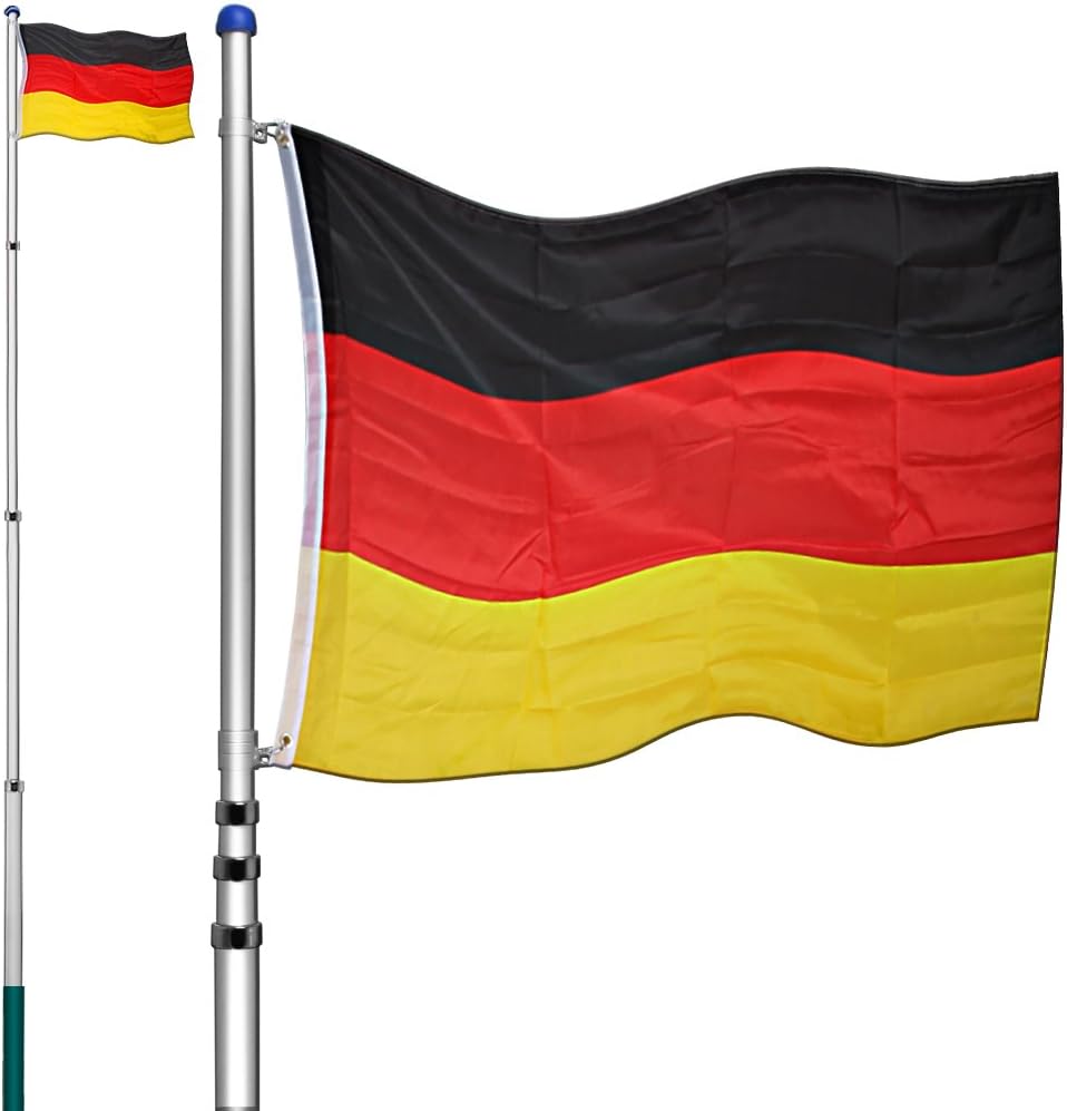 Deuba Aluminium Teleskop Fahnenmast 6,30m Bodenhülse 60cm inkl Deutschlandfahne Flaggenmast Mast Flagge Alu