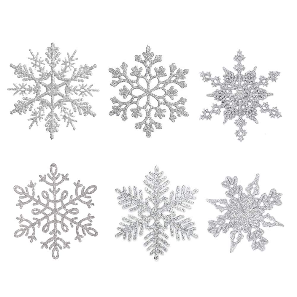 YUIP 24 Pcs Silver Glitter Snowflake Hanging Ornaments with Silver Rope, Christmas Tree Decorations Window Door Accessories, Christmas Hanging Decorations Snowflake Baubles for Festival