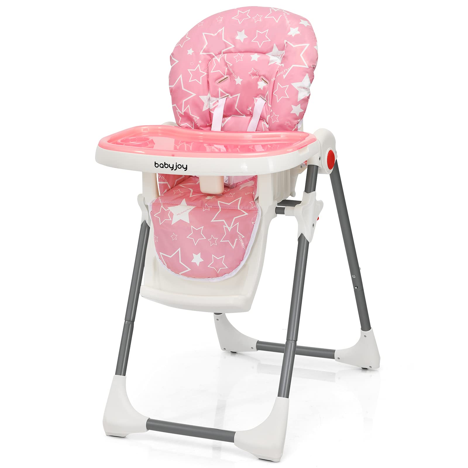 BABY JOY Folding High Chair for Babies & Toddlers, Infant Dining Chair w/Removable Dishwasher Safe Tray, 5-Point Safety Belt, Wheels, Detachable Cushion, Adjustable Backrest Footrest & Height (Pink)