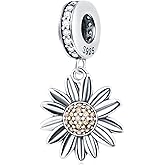 Daisy Flower Pendant Charms, Vintage 925 Sterling Silver Dangle Sunflower Beads with Clear CZ, fits Pandora Women Necklace Bracelet, Gifts for Grandma/Mother/Valentines Day