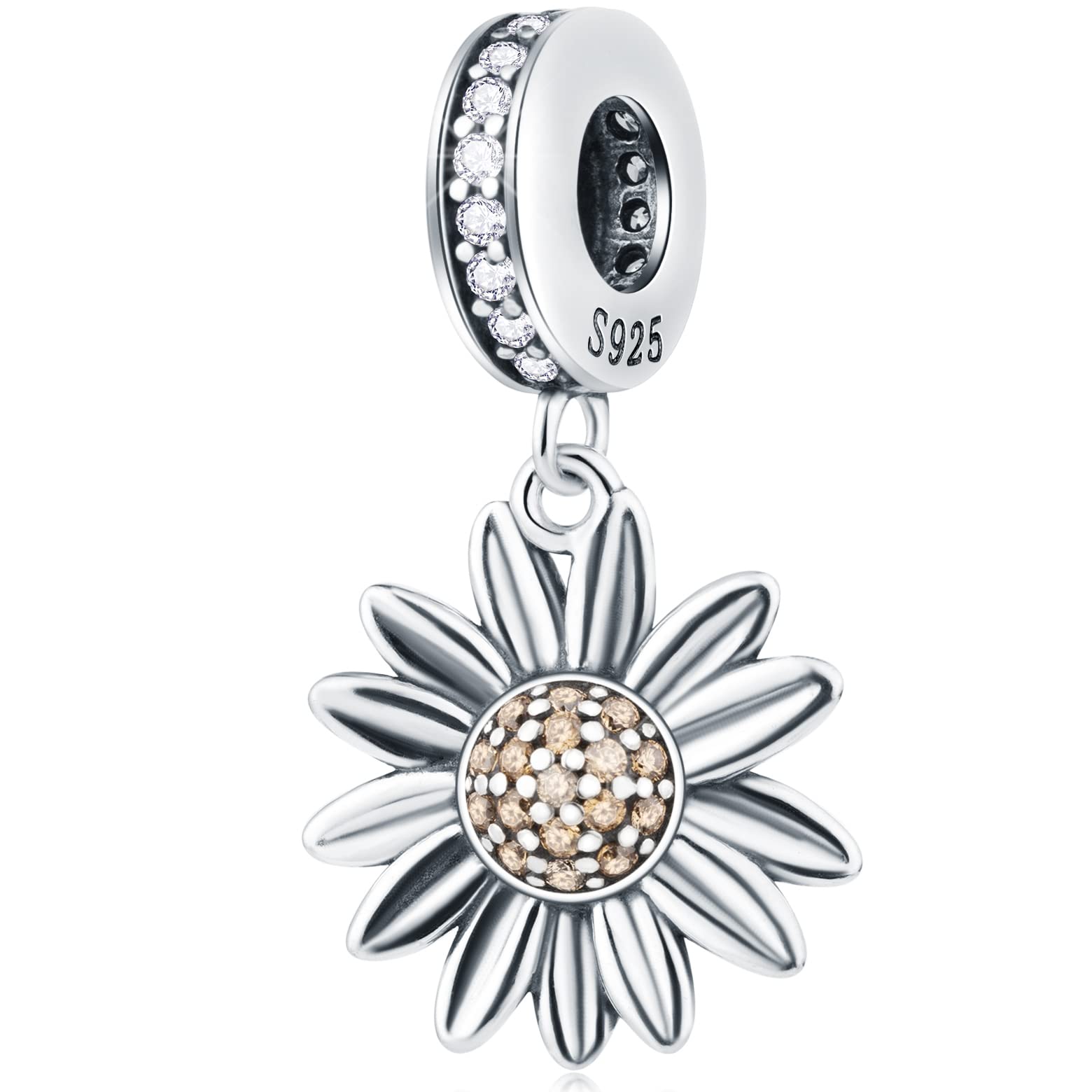 Daisy Flower Pendant Charms, Vintage 925 Sterling Silver Dangle Sunflower Beads with Clear CZ, fits Pandora Women Necklace Bracelet, Gifts for Grandma/Mother/Valentines Day