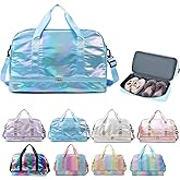 Holographic Shimmering Gym Duffle Bag with Shoes Compartment & Wet Pocket, Women Weekend Overnight Travel Bag Gymnastic Dance Bag for Girl (blue)
