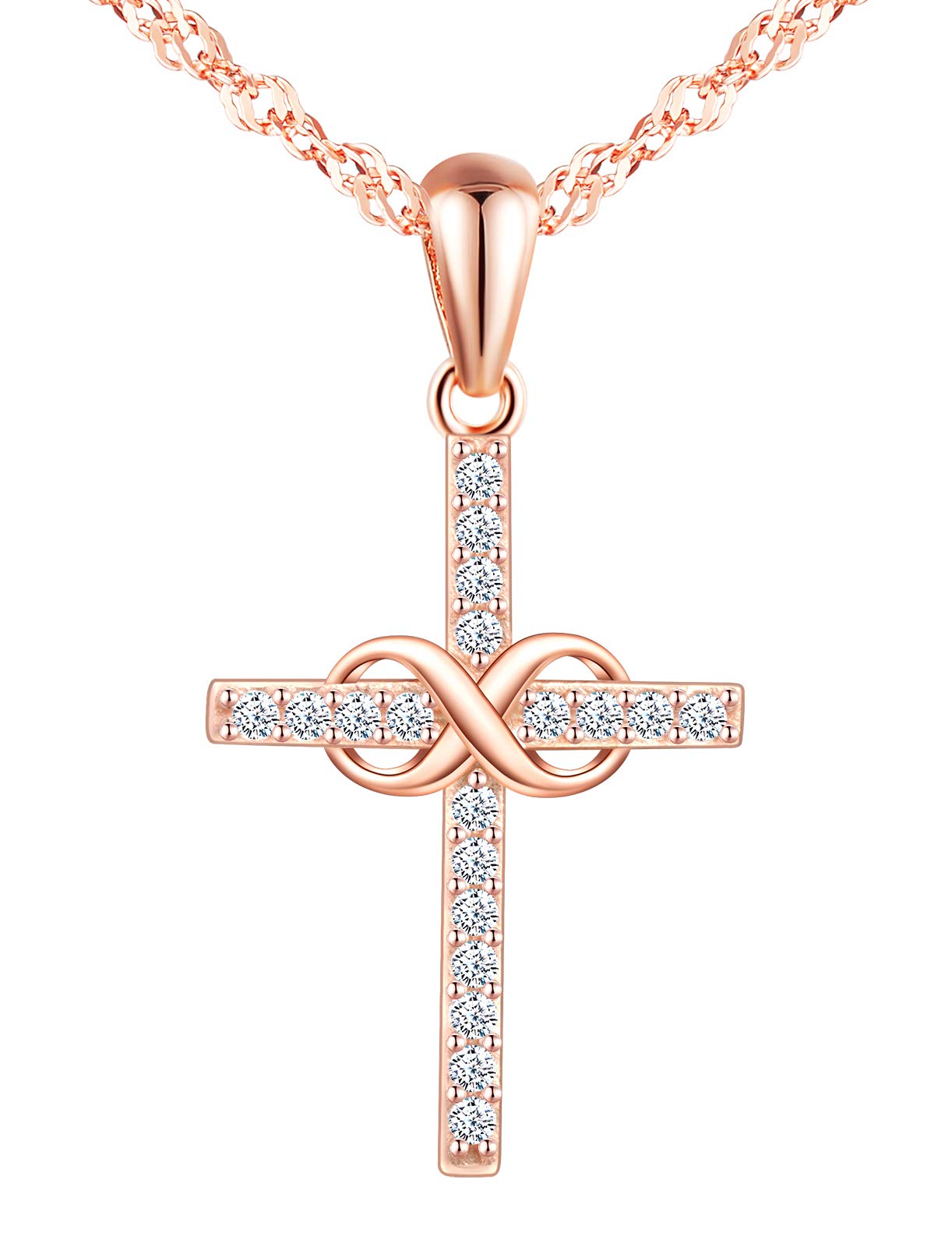 INFINIONLY Women's Girl's Necklace pendant, 925 sterling silver necklace, Infinity symbol and cross pendant, Inlaid zircon, Rose gold, Christmas Mother's Day Valentine's Day and Birthday gift