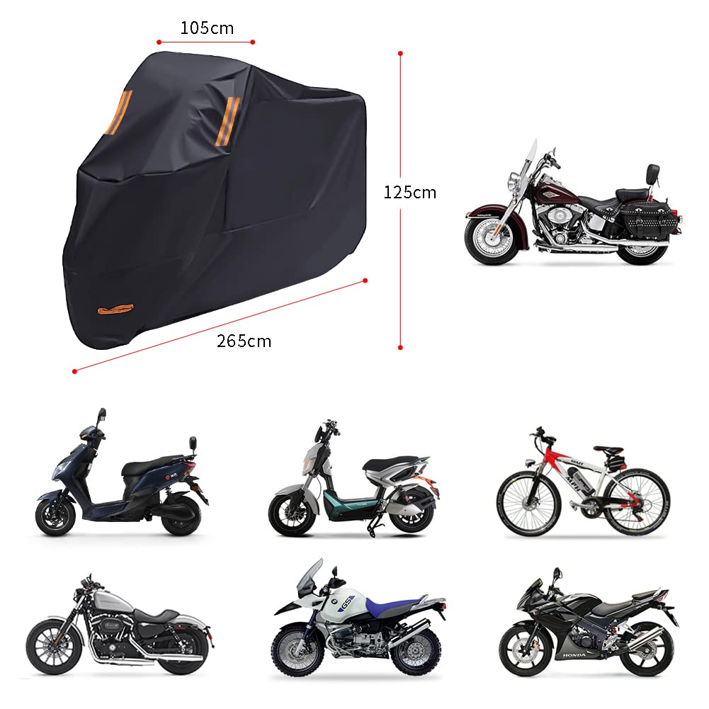 Wasserdicht Motorrad Abdeckplane XXL, Motorradabdeckung Outdoor Kratzfestes 210D Oxford Stoff Motorradplane mit Verriegelungslöchern für 265cm Harley-Davidson Honda Yamaha Suzuki Kawasaki 5