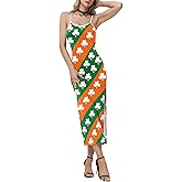 Kasopp Women St Patrick's Day Shamrock Clover Printed Spaghetti Strap Bodycon Maxi Dresses