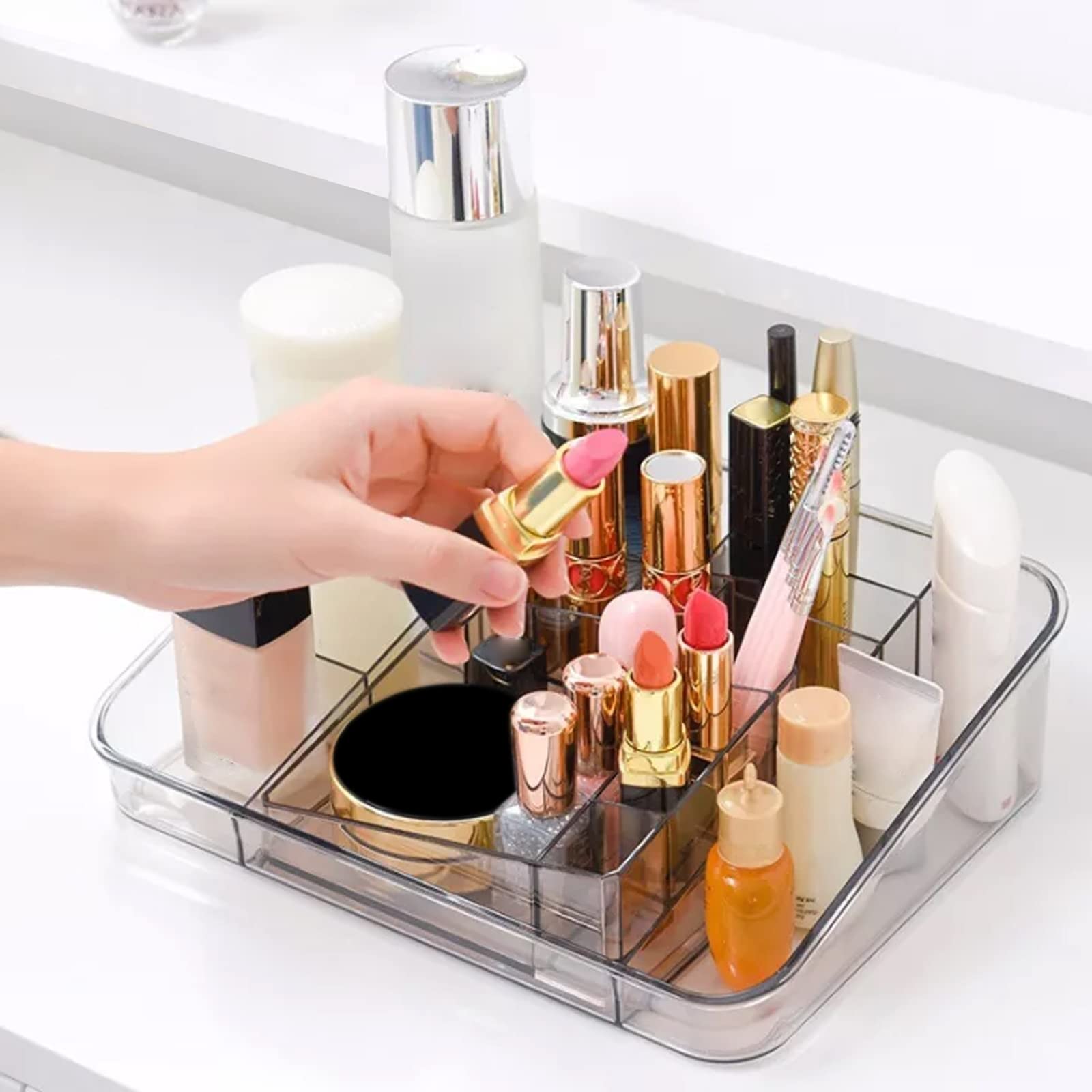 Makeup Organiser 2 in 1, Office Stationery Organizer Desktop Acrylic Makeup Organiser Tray with 16 Compartments Lipstick Cosmetics Storage Organizer for Dresser, Office, Bathroom (Grey)