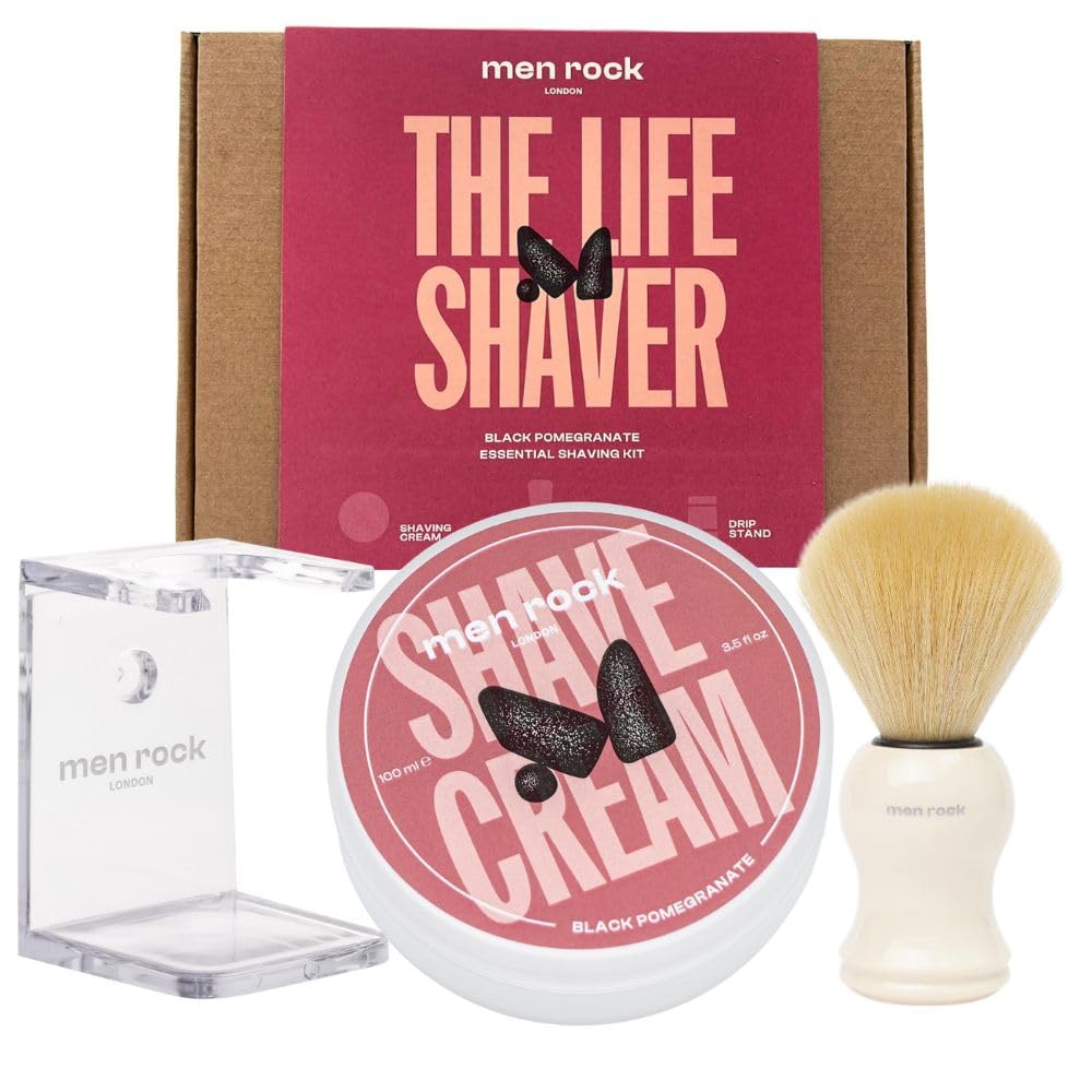 Black Pomegranate Shaving Kit for Men – Premium Wet Shaving Set with Shaving Cream, Shaving Brush & Brush Stand – Traditional Shaving Soap and Brush Set – Shaving Gift Set – Men Rock