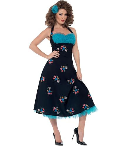 rizzo dress grease Fun Costumes Costume From for Women| Bundle with Wig | 50s Sock Hop Dance Outfit Kiss Lips Blue Striped Off Shoulder Size:150CM 9-3-26-LDW
