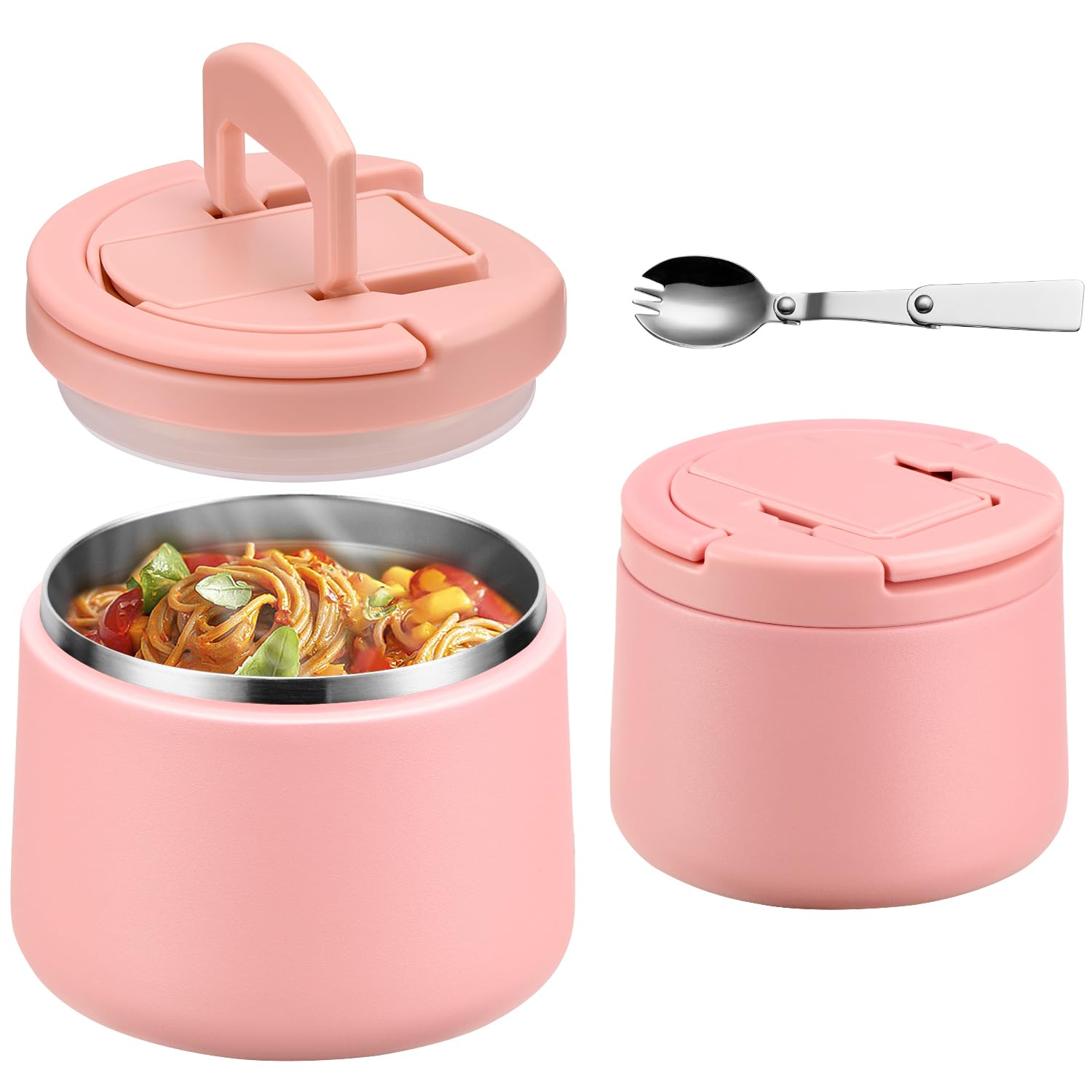 Photo 1 of 14oz Insulated Vacuum Food Jar with Buckle Lid,Soup Thermo for Hot Food Kids,Wide Mouth Leakproof Stainless Steel Lunch Container with Spoon-Pink