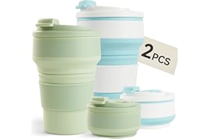 FIJINHOM 2Pcs Collapsible Cup for Traveling, Collapsible Silicone Travel Cup for Hot and 2 Drinks, Leak Proof Silicone Folding Travel Coffee Mug for Camping & Hiking, BPA Free 12oz Green&Blue