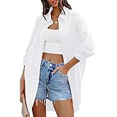 FSHAOES Womens Oversized Button Down Shirts Casual Loose Long Sleeve Solid Lapel Long Blouses Tops with Pockets