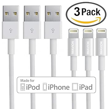 Lightning Cable, IWAVION 3Pack 3FT/1M 8 Pin USB Data Sync Cord Charger Cables for Apple iPhone 7, 7 Plus, 6s plus, 6s, 6 plus, 6, 5s, 5c, 5, se, iPad Air, iPad Mini/Air, iPod Touch/Nano (White)