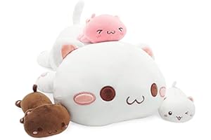 Onsoyours Cat Stuffed Animal Mommy 19.7" with 3 Kitty Plushies, 4 Piece of Cute Cat Plush Pillow Toys for Kids Girls Boys (White Cat Family)
