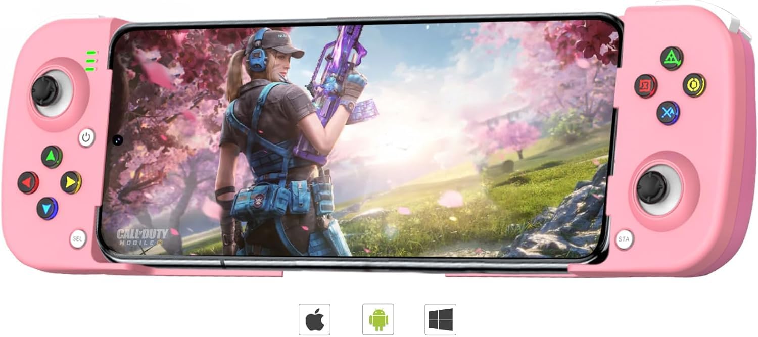 Photo 1 of Megadream Mobile Game Controller Gamepad for iPhone iOS Android PC: Works with iPhone 15/14/13/12/11/X, iPad, Samsung Galaxy, TCL, Tablet, Call of Duty, Roblox - Directly Play (Pink)