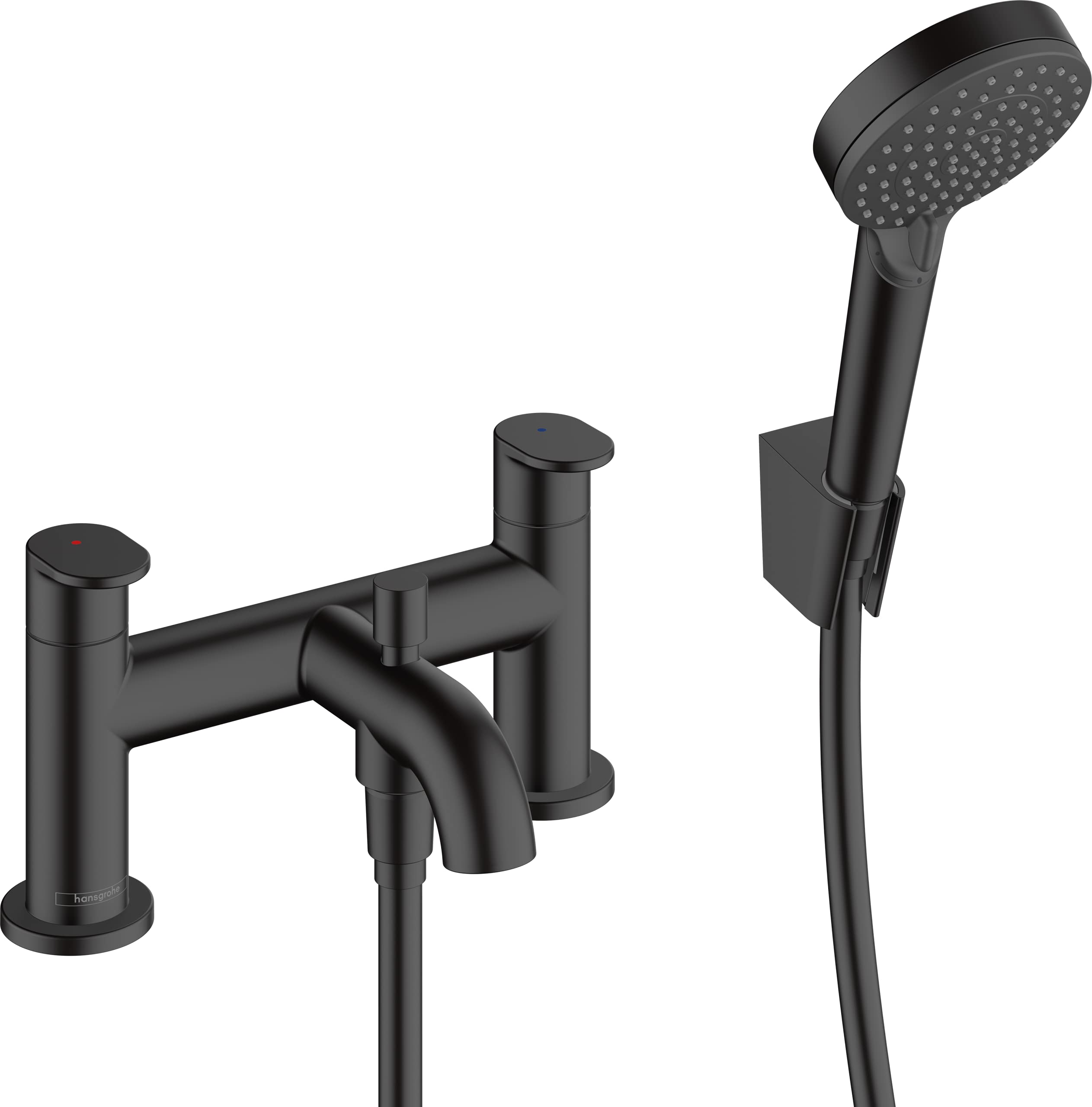 hansgrohe Vernis Blend 2-hole rim mounted bath mixer with diverter valve and Vernis Blend hand shower Vario, matt black, 71461670